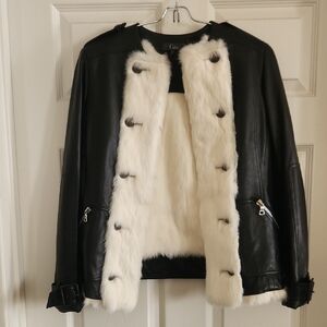 Elegant Black Leather Jacket with White Faux Fur Trim